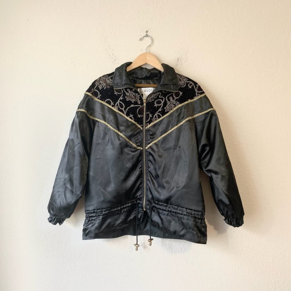 VTG 90s LAVON Windbreaker Jacket Velour Textured Gold Floral "Belted"